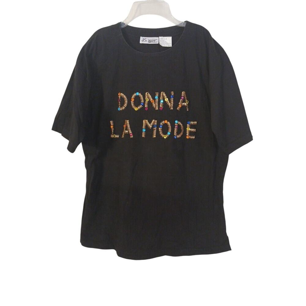 Donna La Mode Jeweled T-shirt Size L Black GOLD BEADED Super Fancy Bling Party - Picture 1 of 13